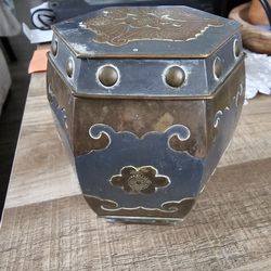Tea Caddy Box Pewter Brass Overlay Dragons Bird Antique Chinese Republic Era