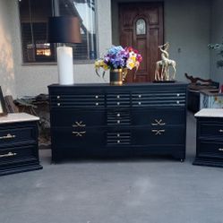 9 Drawer Dresser With 2 -2 Drawer Nightstands- All Solid Wood - Black With Gold 