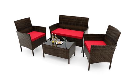 Costway 4PCS Rattan Patio Furniture Set Cushioned Sofa Chair Coffee Table Red  HW75200RE s4