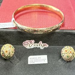 14kt Matching Bangle Bracelet With Earrings 17.8g 