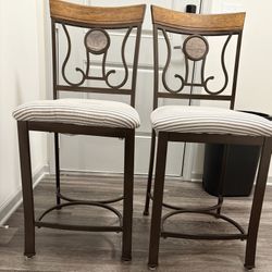 2 Vintage Style High Chairs Metal And Wood With Cushion Seat