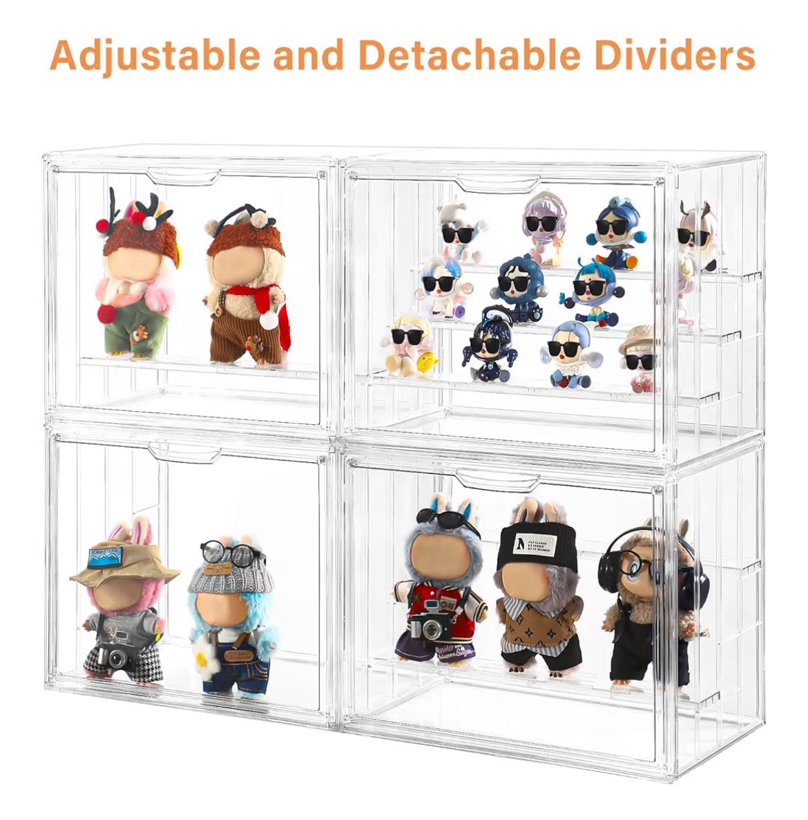 Acrylic Display Case, Clear Display Box with 3 Adjustable Dividers, Figurine Display Shelf with Magnetic Door, Stackable Clear Storage Box/Bins
