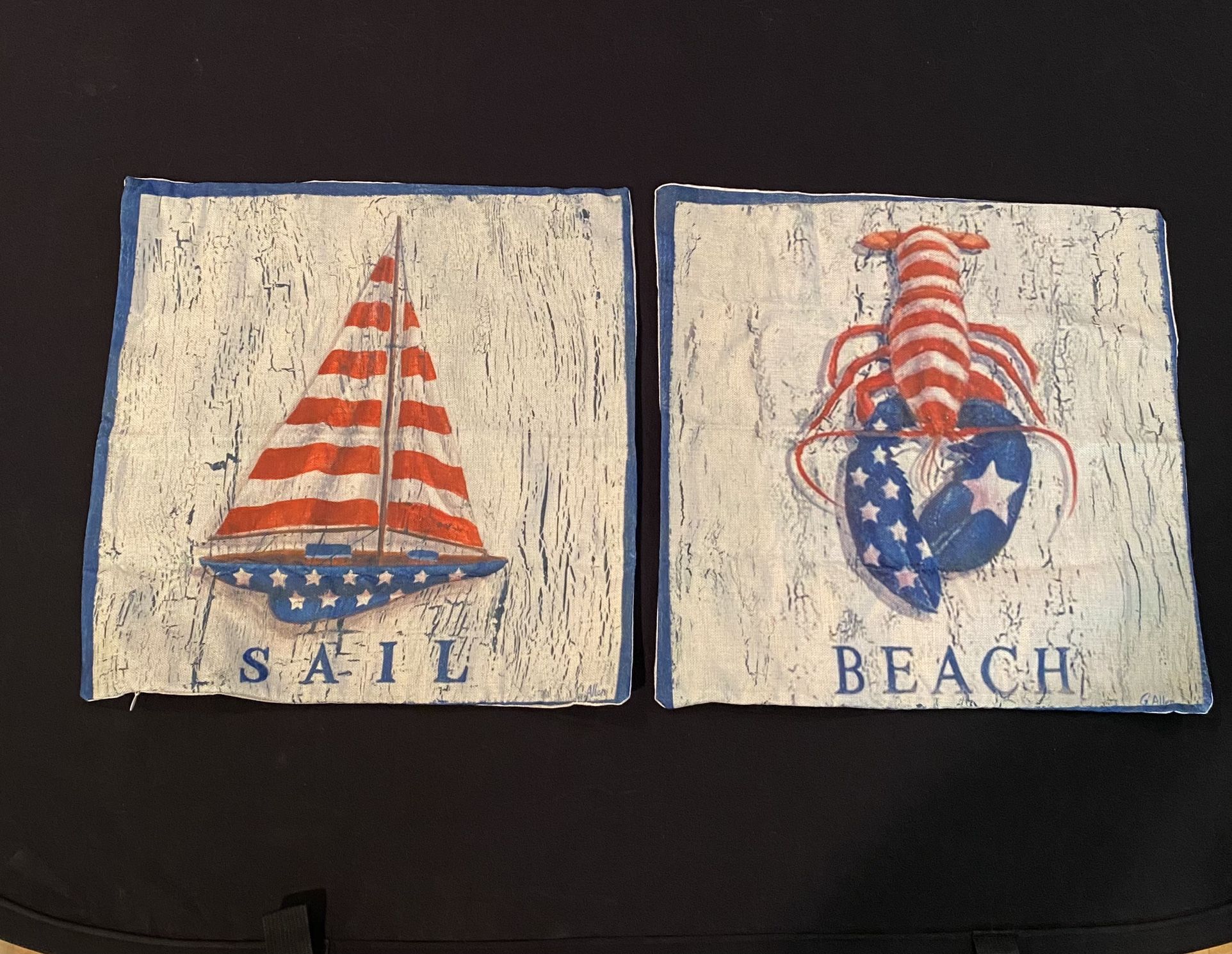 2 Linen Beach Sail And Lobster Pillow Covers 17”x17” New