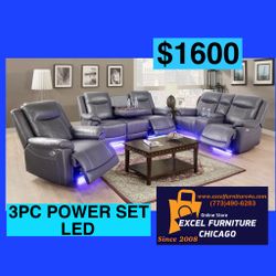 💥FREE DELIVERY💥Brand New POWER, LED, USB  3PC Reclining Sofa Loveseat Chair Set 