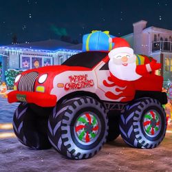 7.5 FT Length Christmas Inflatables Truck Outdoor Decoration Blow Up Santa Claus Gifts Presents Truck Built-in LEDs Yard Lawn Garden Navidad