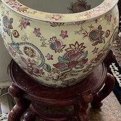 Large Asian Pot For Plant With Wooden Stand 