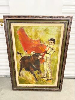 Vintage Mid-Century Bullfighter Oil Painting - Framed Matador Art 32" x 45"