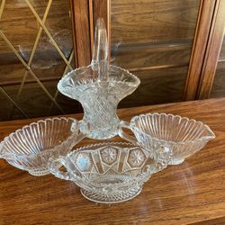 Crystal Glass Gravy Boats, Glass Relish Dish, Basket Vase