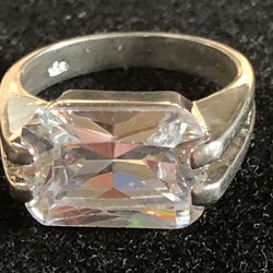 Vintage Sterling Silver w/ Large Emerald-Cut Cubic Zirconium Estate Ring Size 8
