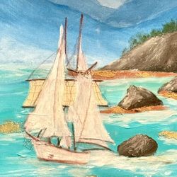 Serene Coastal Sailboat – Original Acrylic & Mixed Media Painting