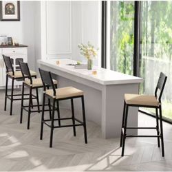 6pcs Metal Outdoor Bar Stool with Ergonomic Back and Footrest Cushions with Detachable Cover in Beige for Patio