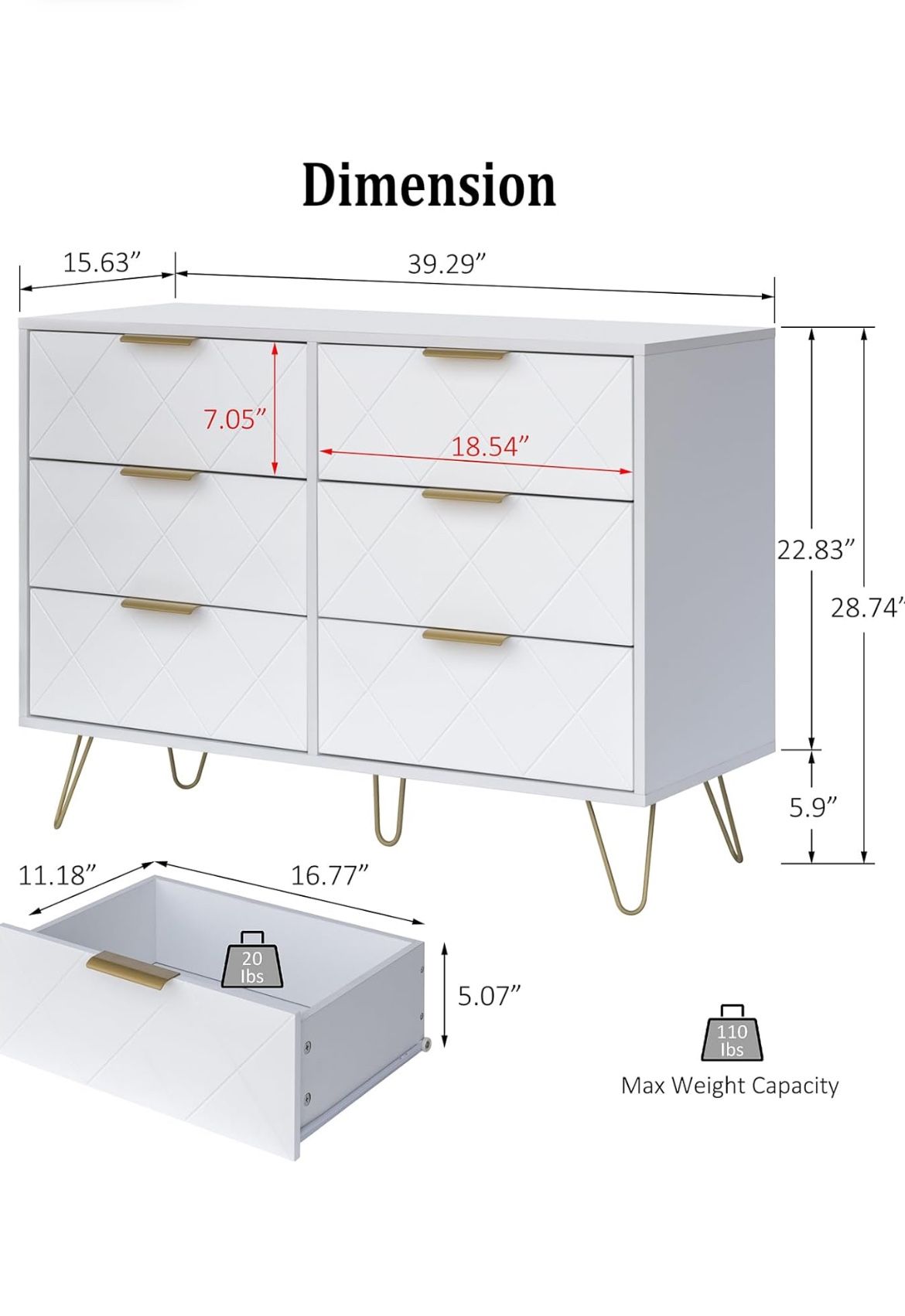 White dresser with gold detailing & design ( 6 drawers)