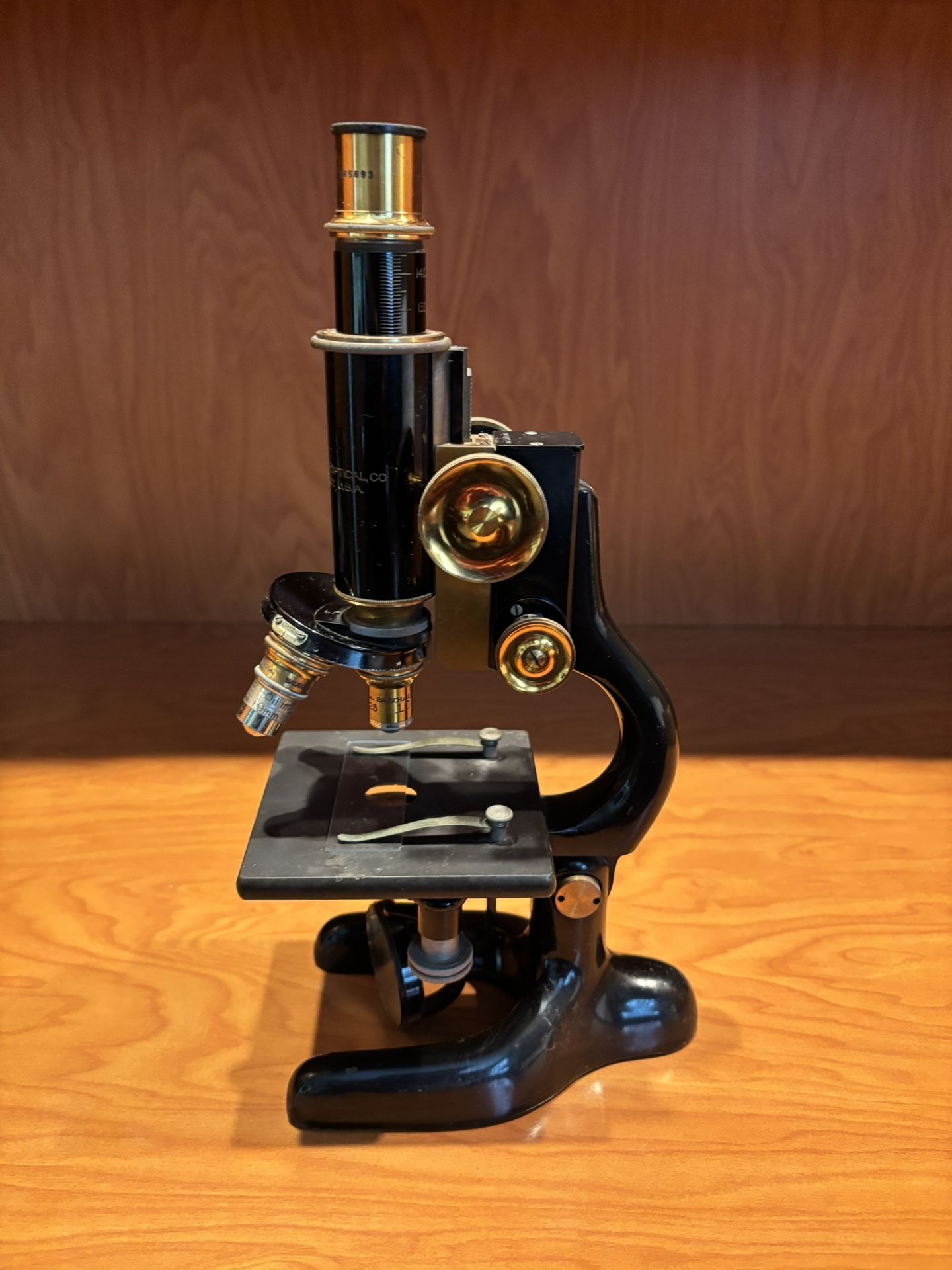 Antique 1915 BAUSCH & LOMB MICROSCOPE W/ORIGINAL WOODEN CASE AND OPTICS
