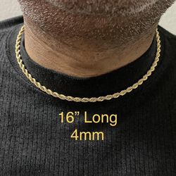 Stainless Steel Gold Tone 4mm Twisted Rope Chain Necklace Lobster Clasp 16"Long Chain Necklace For Men Women  -CHN