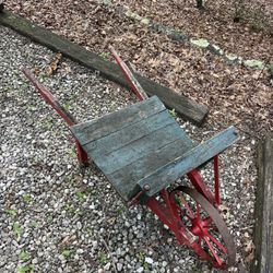 Primitive Antique Red And Green Flat Bed Wheelbarrow With Iron Wheel