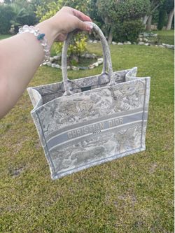 Authentic Christian Dior Book Tote - Grey Toile de Jouy Embroidery