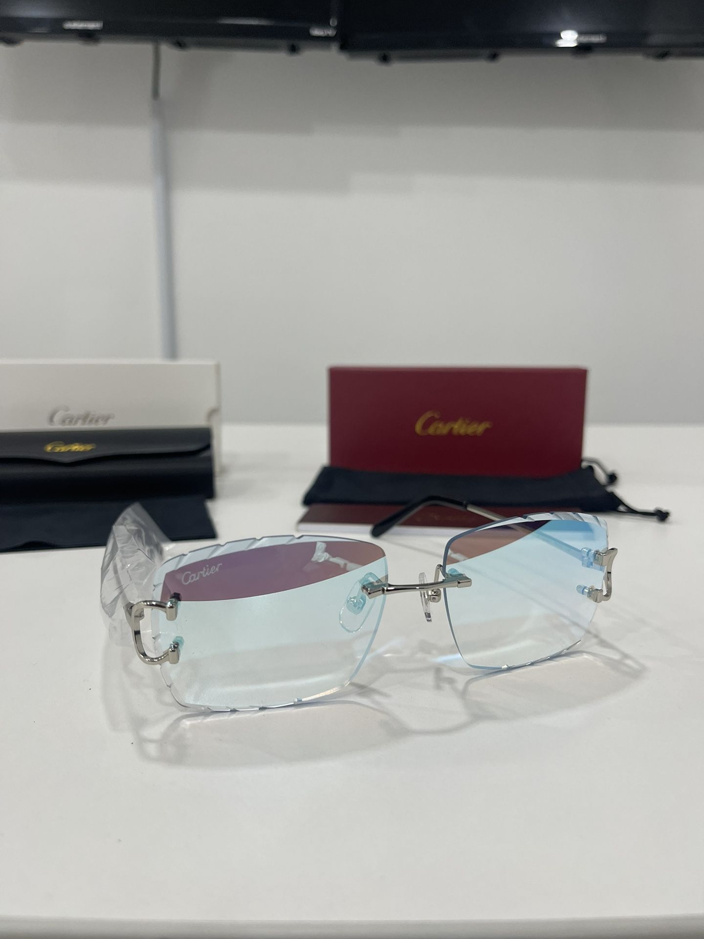 Cartier Glasses (Diamond Cut), Mirror Blue Lense, Silver Frame