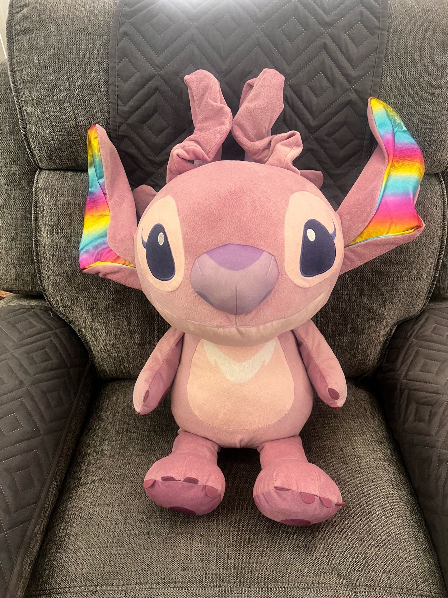 DISNEY STITCH ANGEL WITH RAINBOW COLORED EARS , SUPER LARGE 28 INCH PLUSH!! AWESOME!