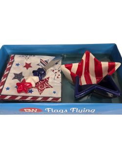 Boston Warehouse Red White Blue Flags Flying Dip Bowl And Spreader Set