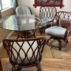 Rattan /  Bamboo 48” Glass Top Dining Table W/ 4 Chairs