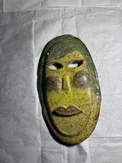 Signed Studio Pottery Ceramic Face Mask – Green & Yellow Glazed Art