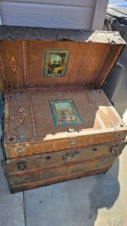 Antique Steamer Trunk Ornate Cast Metal Trim