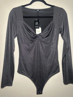 Express Shimmery Gray Twist-Front Long Sleeve Bodysuit
