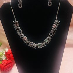 silver-plated choker necklace set featuring American diamonds and multicolor stones