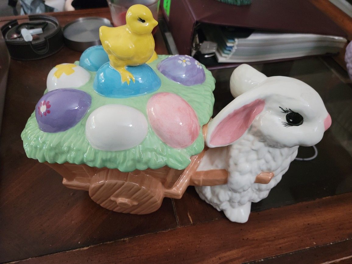 Ceramic Easter Bunny Rabbit Pulling A Cart With A Baby Chick