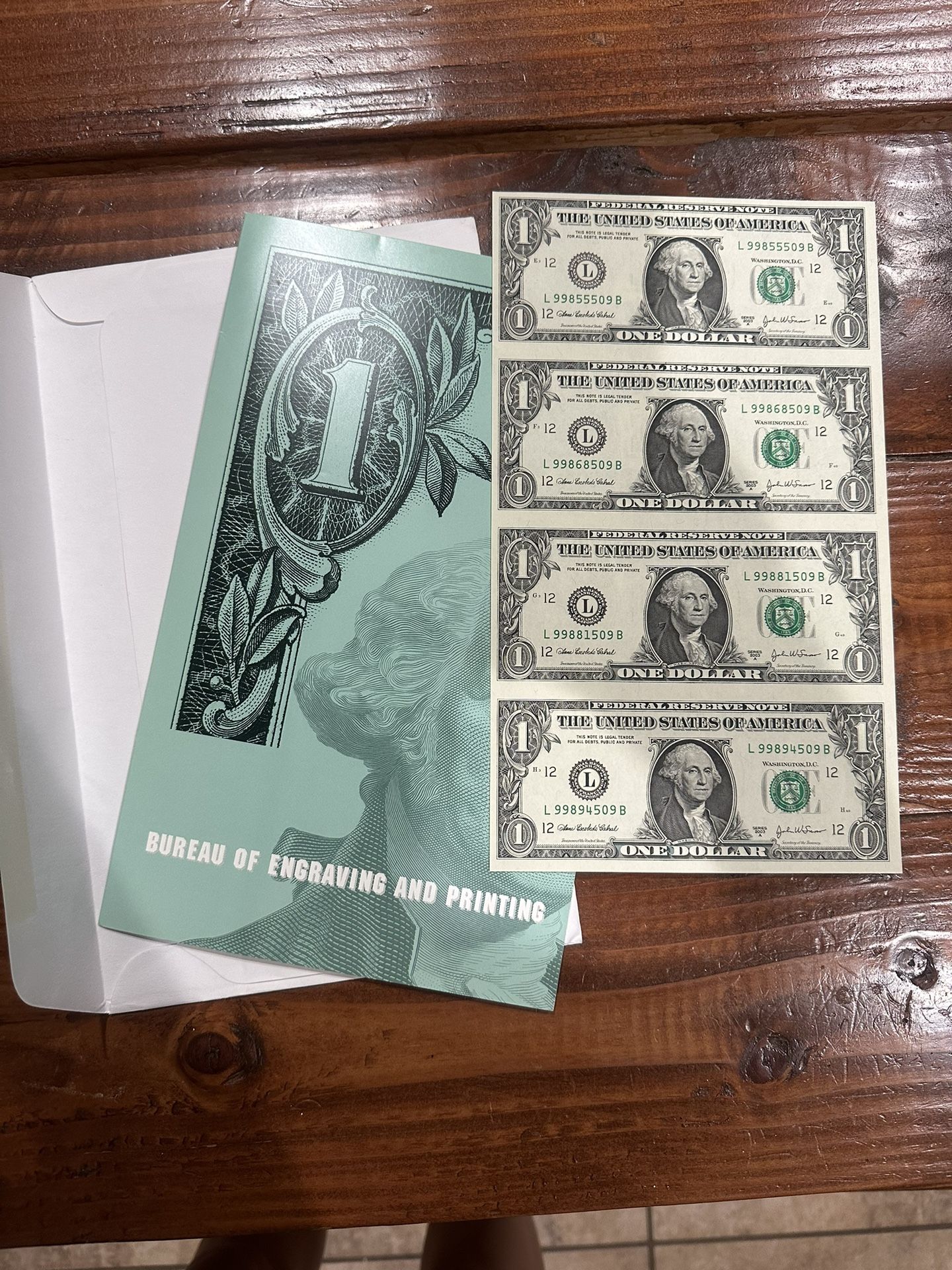 Uncut Currency 1 Four Notes (No Longer Available For Purchase From