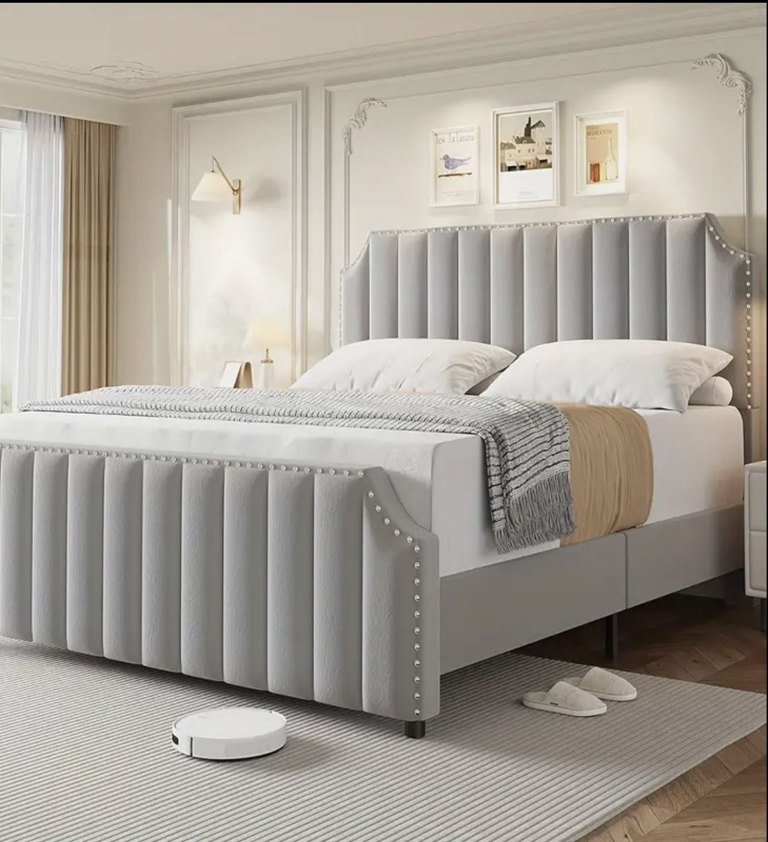 Elegant Gray Velvet Queen Bed Frame With 50.2" Headboard. No Box Spring Needed. New In Original Box.