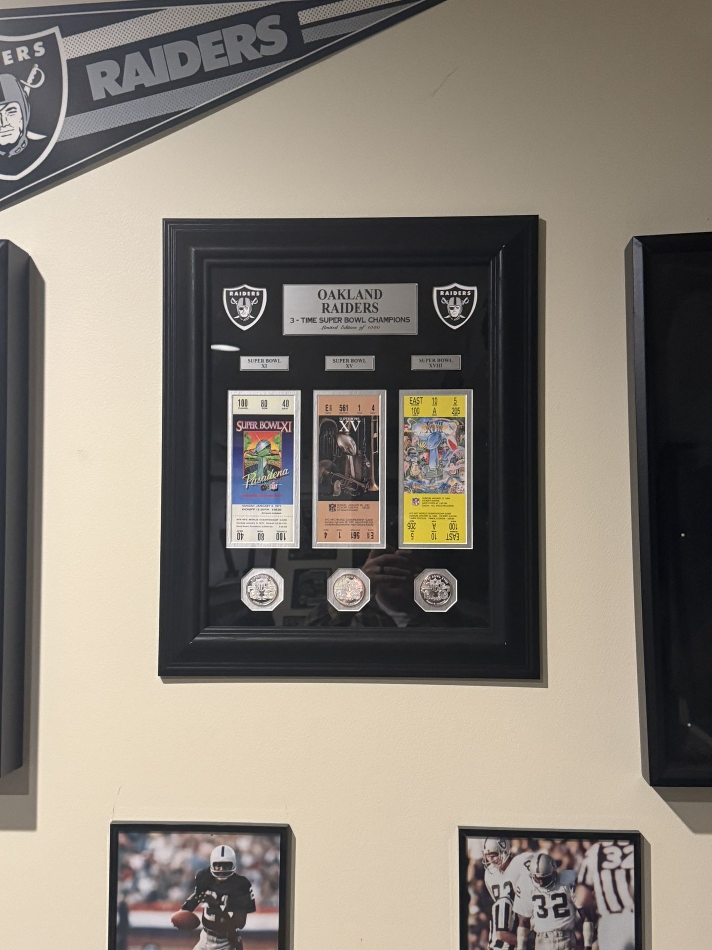 RAIDERS 3-TIME SUPER BOWL CHAMPIONS SILVER COIN & TICKET COLLECTION