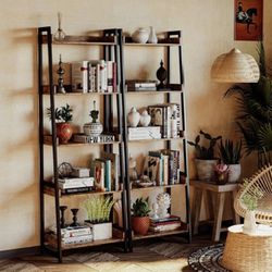 2/Pcs Industrial Bookshelf 5-Tier, Bookcase Ladder Shelf, Storage Shelves Rack Shelf Unit, Accent Furniture Metal Frame, brown