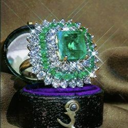 Vintage Emerald & White Sapphire Antique Silver Art Deco Ring - Size 9