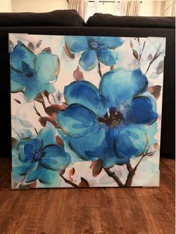 Large Blue Floral Canvas Art – Watercolor Style Wall Decor