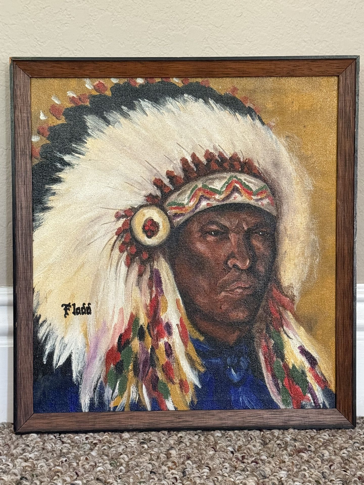Incredible c1960s Native American Indian in Headdress Oil Painting by Fladd
