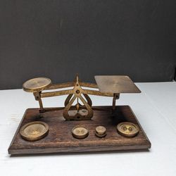 Small Antique English Victorian Brass Postal Scale Wooden Base with 4 Weights