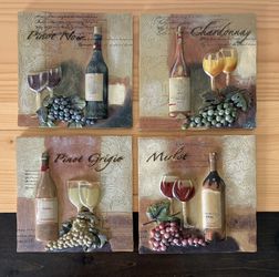 Set of Four 80’s Wine Art Vintage-style 3D Tiles Rustic Tuscan-inspired Charm