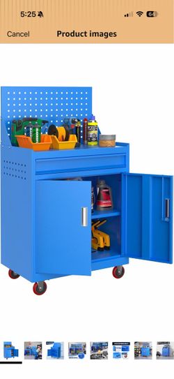 Brand new Tool Cart with Lockable Cabinet & Drawer, Rolling Workshop Tool Organizer with Standing Pegboard, Adjustable Tier Shelves & No Assembly Requ