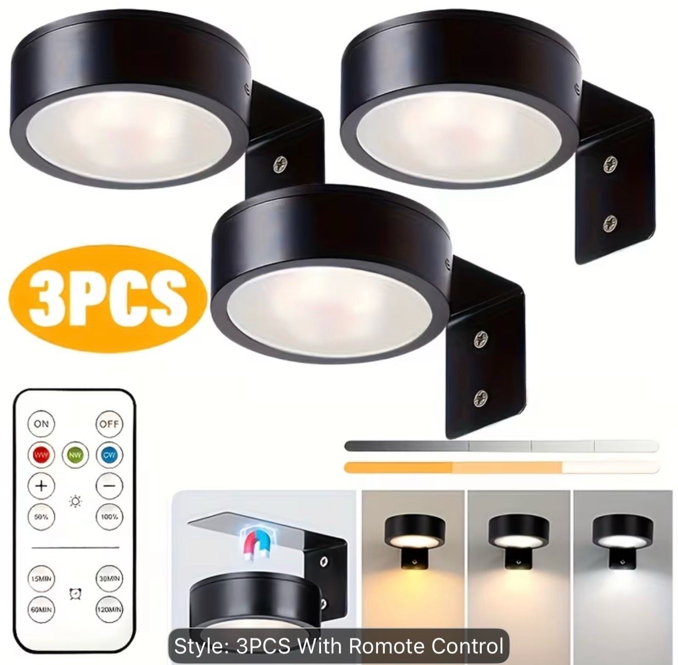 3pcs LED Wall Lights (Brand New in Box). Adjustable Brightness with Magnetic Clips, Battery-Operated (Batteries Not Included )