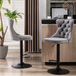 Swivel Velvet Bar Stools Set of 2, Adjustable Height 25-33 Inch, 17.7" Base, Tufted Back Support, Modern Kitchen Island Stools, Gray Suitable for Livi