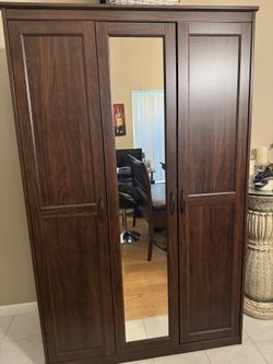 Armoire Wardrobe Closet Large Brown Wooden with Mirror
