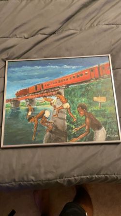 Offers, No Swimming / train bridge” painting, signed Original Acrylic