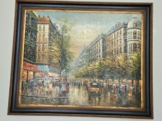 Framed Paris Street Scene Oil Painting