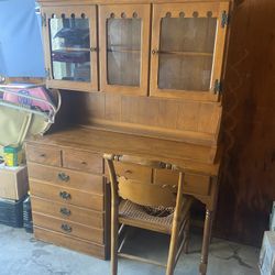 Antique Wood Desk With Glass Cabinet