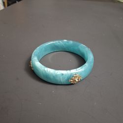 Gorgeous Natural Blue-Green Ice Amazonite Gemstone Bangle Bracelet With Ornate Filagree Gold-Tone Accents. Looks Like New 