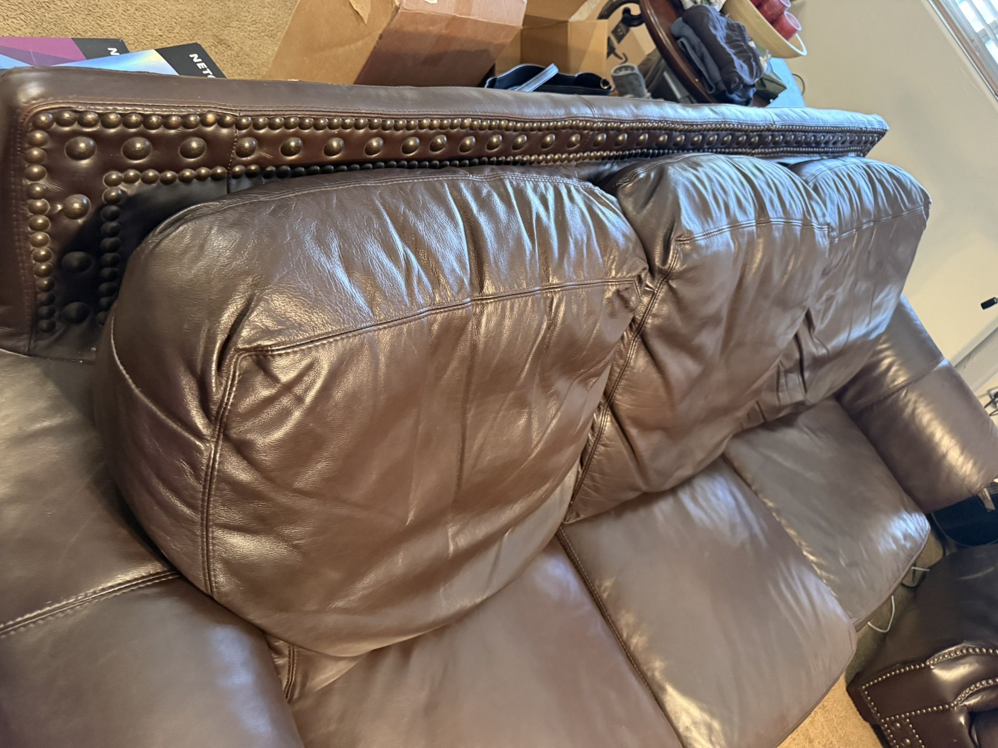 Beautiful Brown Leather Couch, Loveseat, Chair & Ottoman Set – $300 (Full Set)