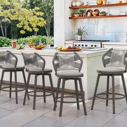 Outdoor Bar Stools Set of 4, 360° Swivel Aluminum Rattan Barstools, Olefin Rope Counter Height Bar S