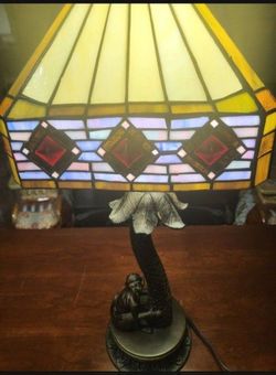 26.5" Vintage Monkey And Palm Tree Table Lamp With Tiffany Style Shade