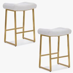 White & Gold Counter Height Bar Stools Set of 2 for Kitchen Counter Backless Kitchen Island Barstools with Upholstered Faux Leather Seat and Gold Base